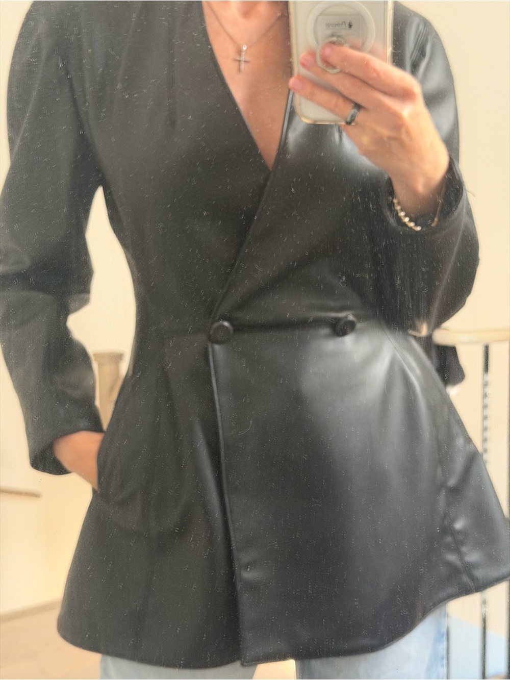 Zara Black Faux-Leather Wrap Blazer